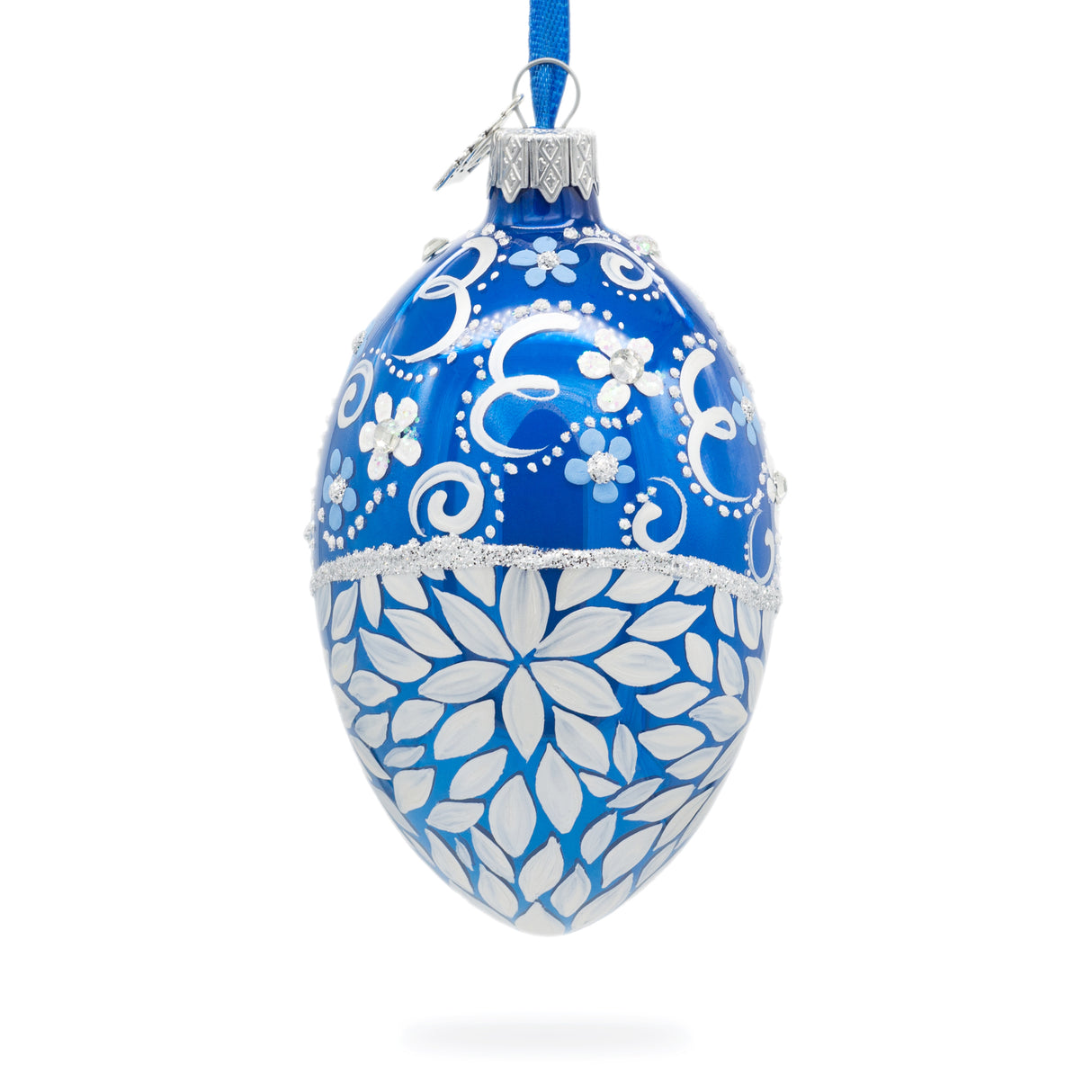 Glass White Pearled Flowers on Glossy Blue Glass Egg Ornament 4 Inches in Multi color Oval