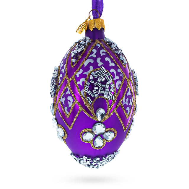 Diamonds on Pearl Glass Egg Ornament 4 Inches in Pink color Oval