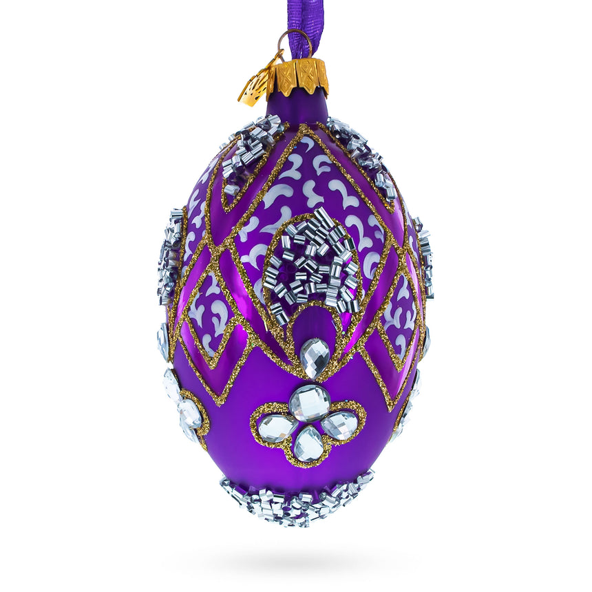 Diamonds on Pearl Glass Egg Ornament 4 Inches in Pink color Oval