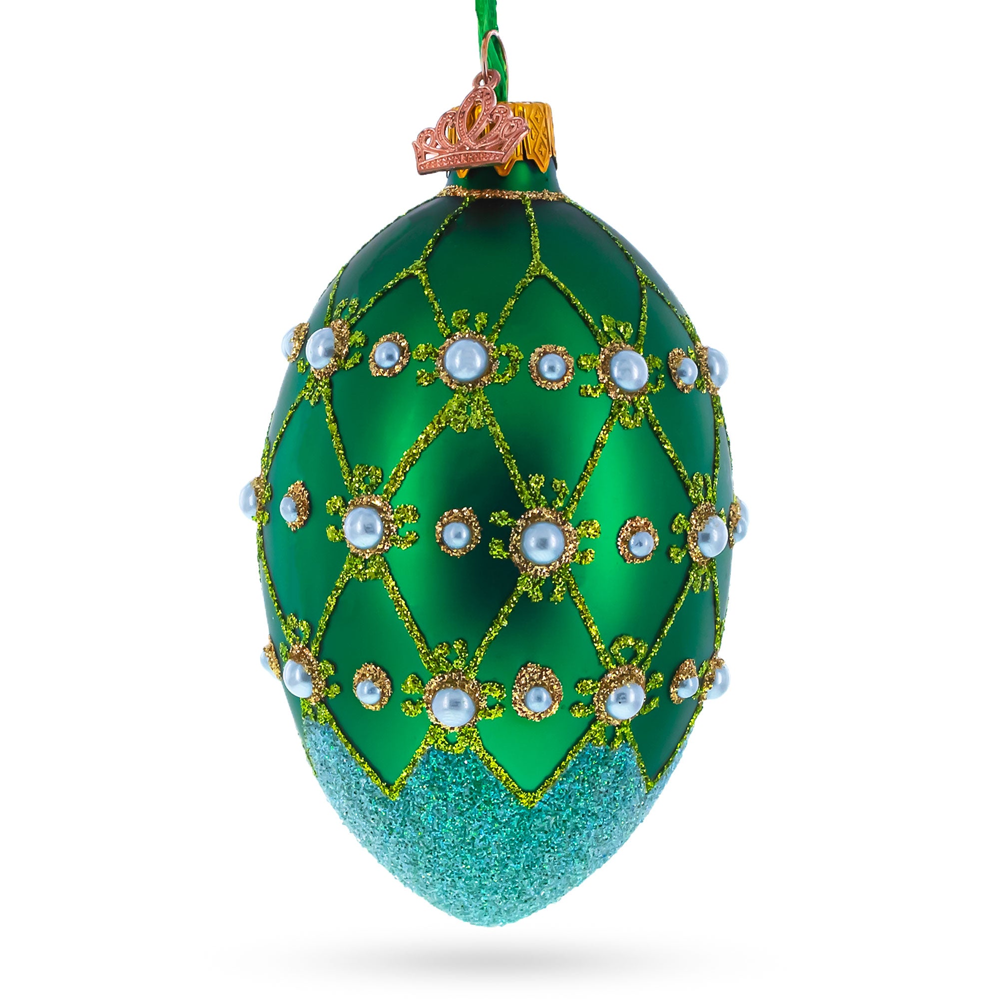 Pearls on Green Trellis Glass Egg Ornament 4 Inches in Green color Oval