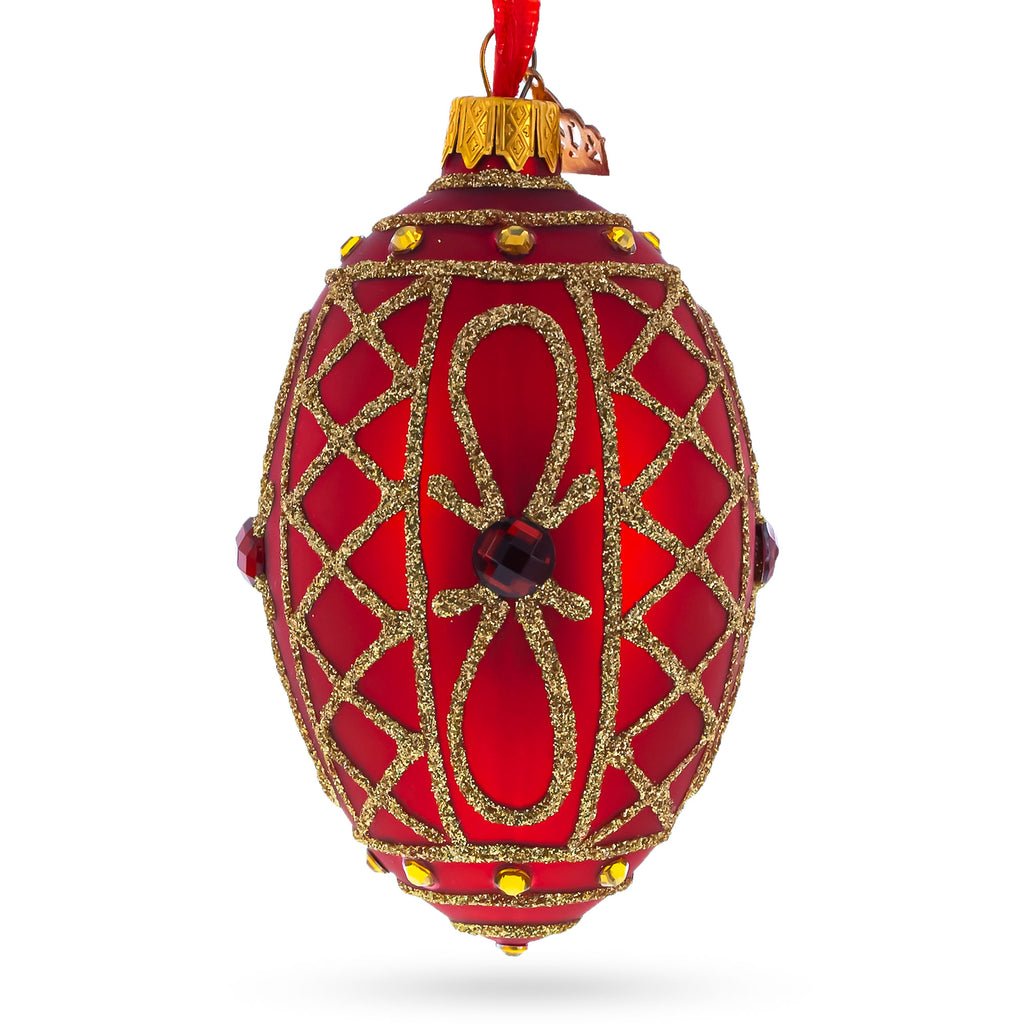 Red Jewel on Red Glass Egg Ornament 4 Inches in Red color Oval