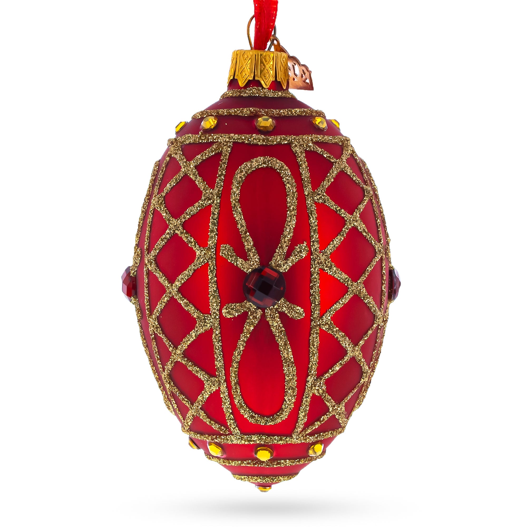 Red Jewel on Red Glass Egg Ornament 4 Inches in Red color Oval