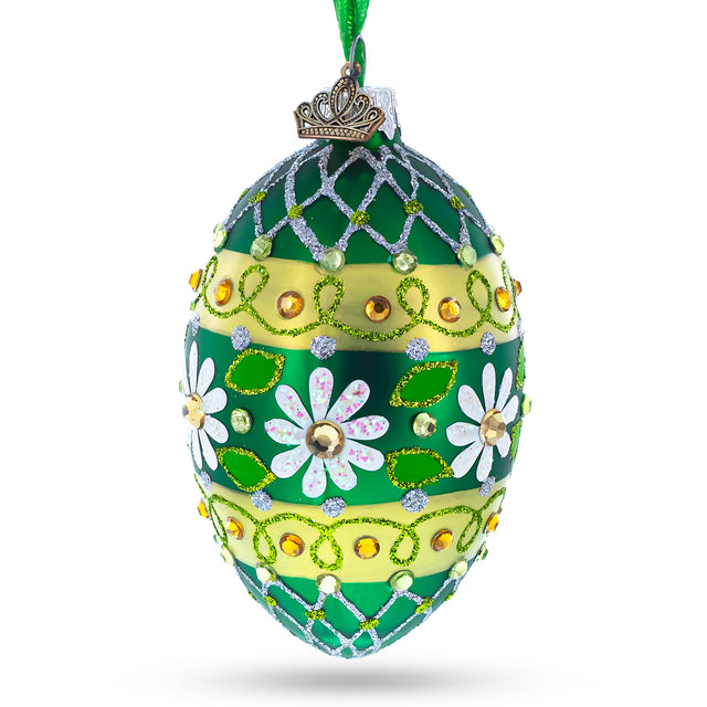 Glass Daisies on Green Glass Egg Ornament 4 Inches in Green color Oval