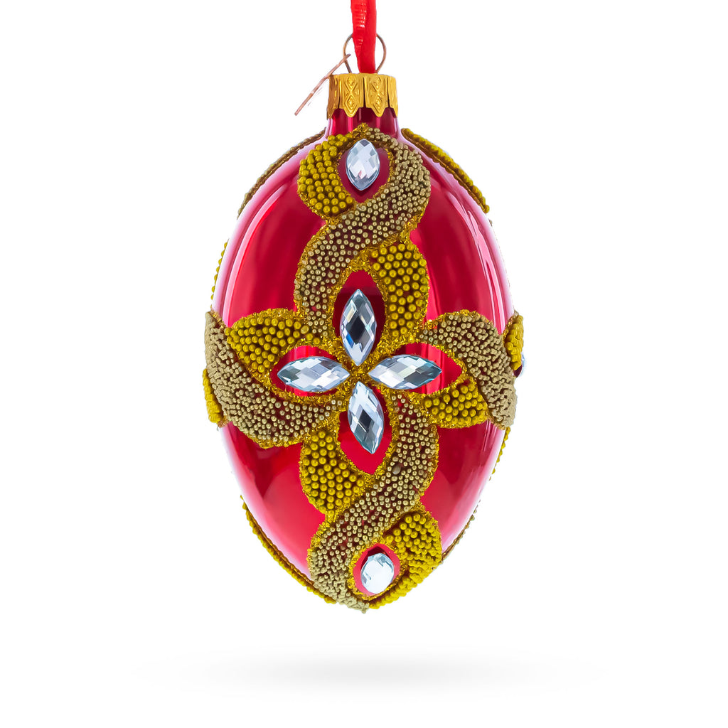 Diamond Star on Red Glass Egg Ornament 4 Inches in Red color Oval