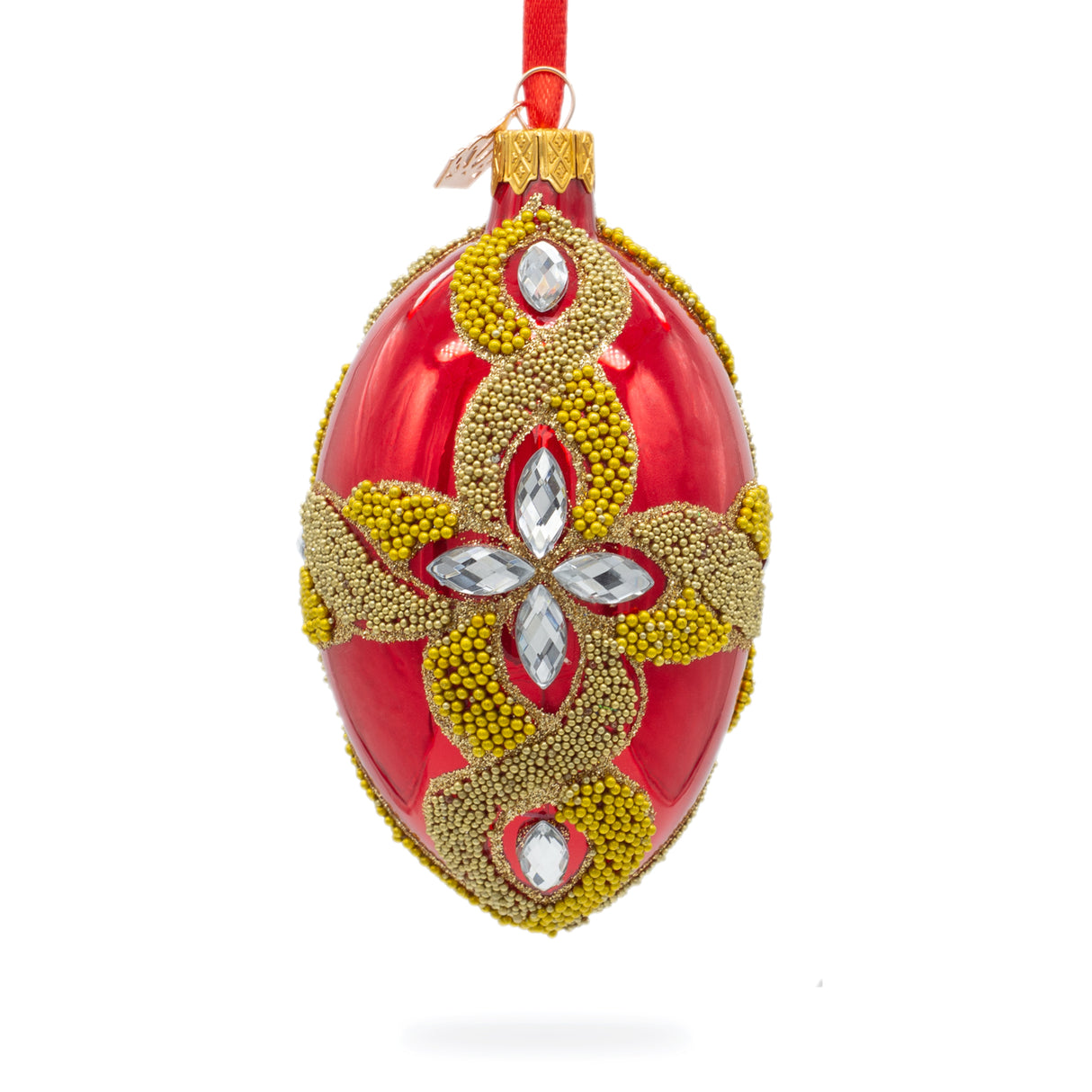 Glass Diamond Star on Red Glass Egg Ornament 4 Inches in Multi color Oval