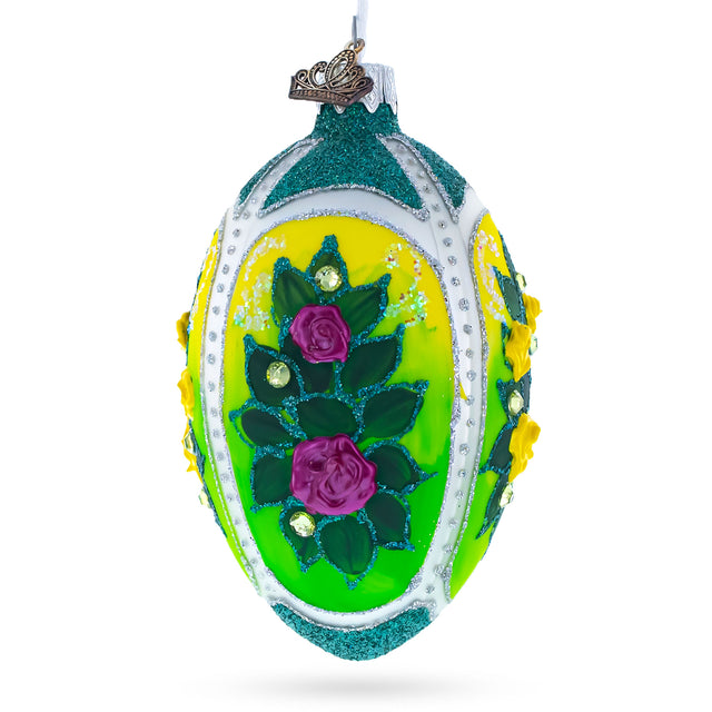 Flowers Bouquet on Green Glass Egg Ornament 4 Inches in Multi color, Oval shape