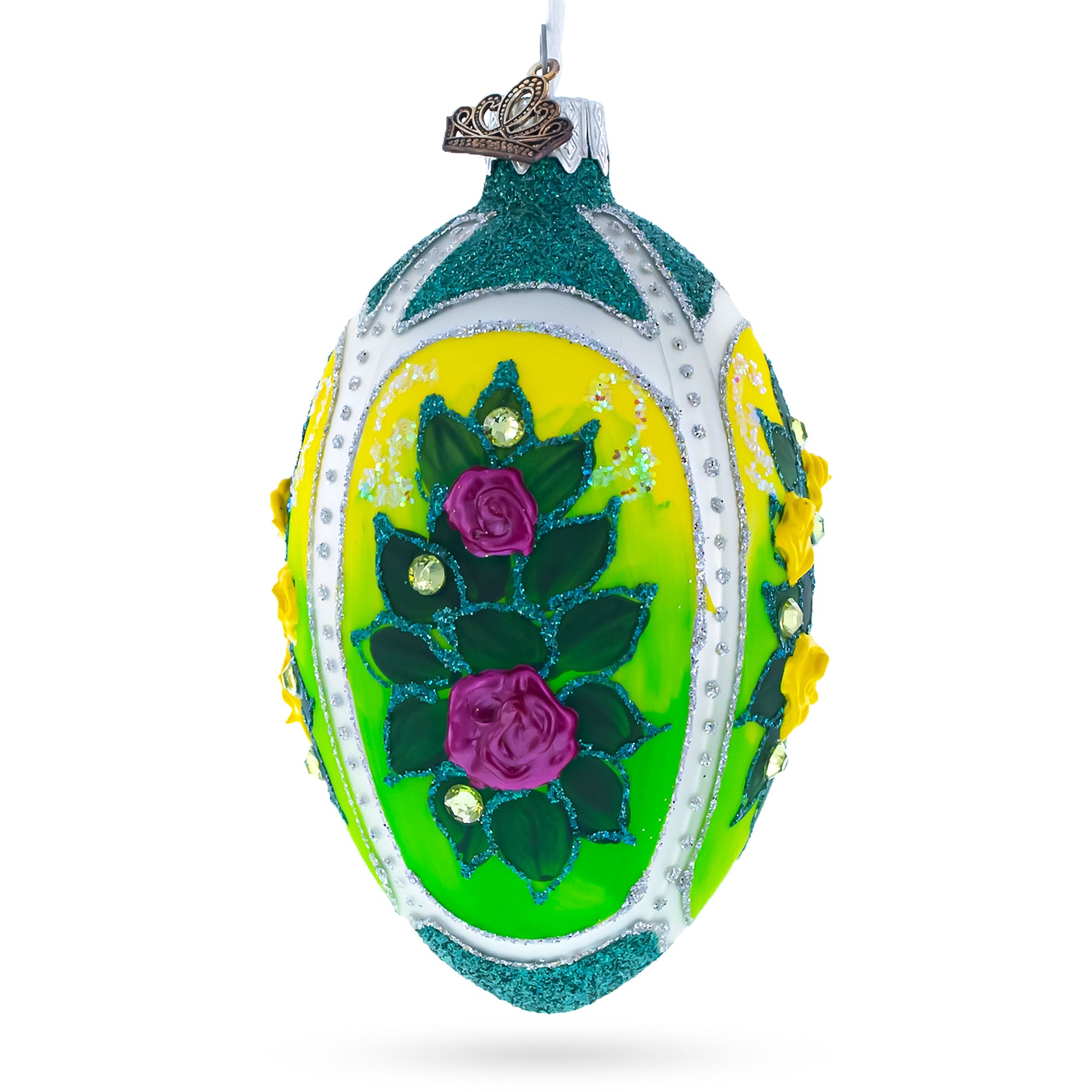 Flowers Bouquet on Green Glass Egg Ornament 4 Inches in Multi color Oval