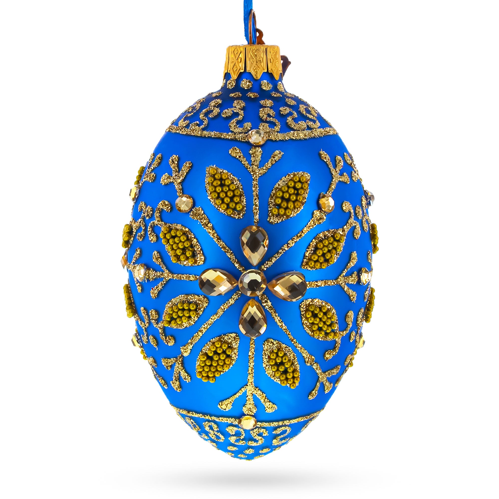 Golden Snowflake on Blue Glass Egg Ornament 4 Inches in Blue color Oval