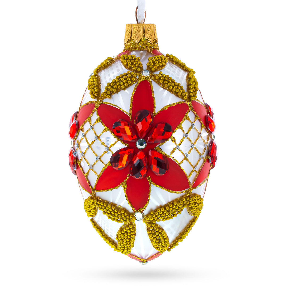 Red Jeweled Stars on White Glass Egg Ornament 4 Inches in Multi color, Oval shape