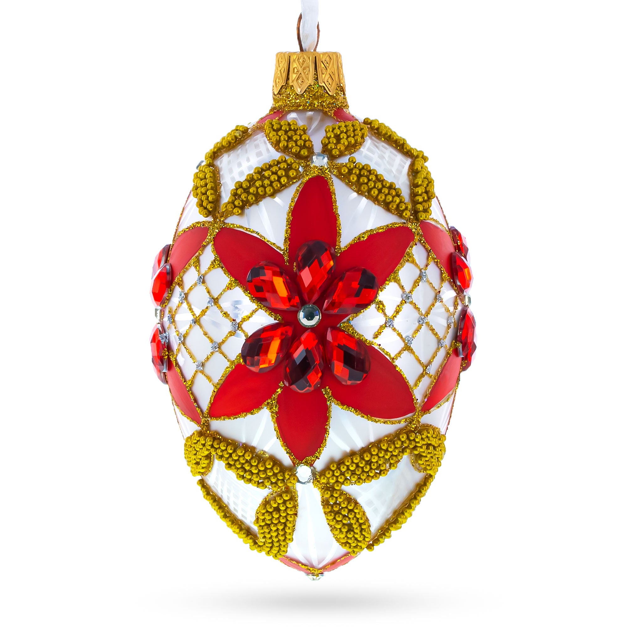 Red Jeweled Stars on White Glass Egg Ornament 4 Inches in Multi color Oval