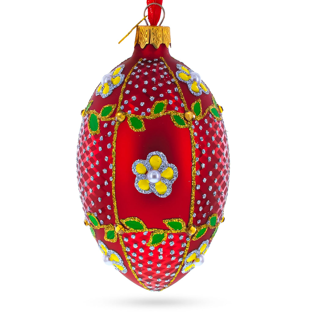 Yellow Flower on Red Glass Egg Ornament 4 Inches in Red color Oval