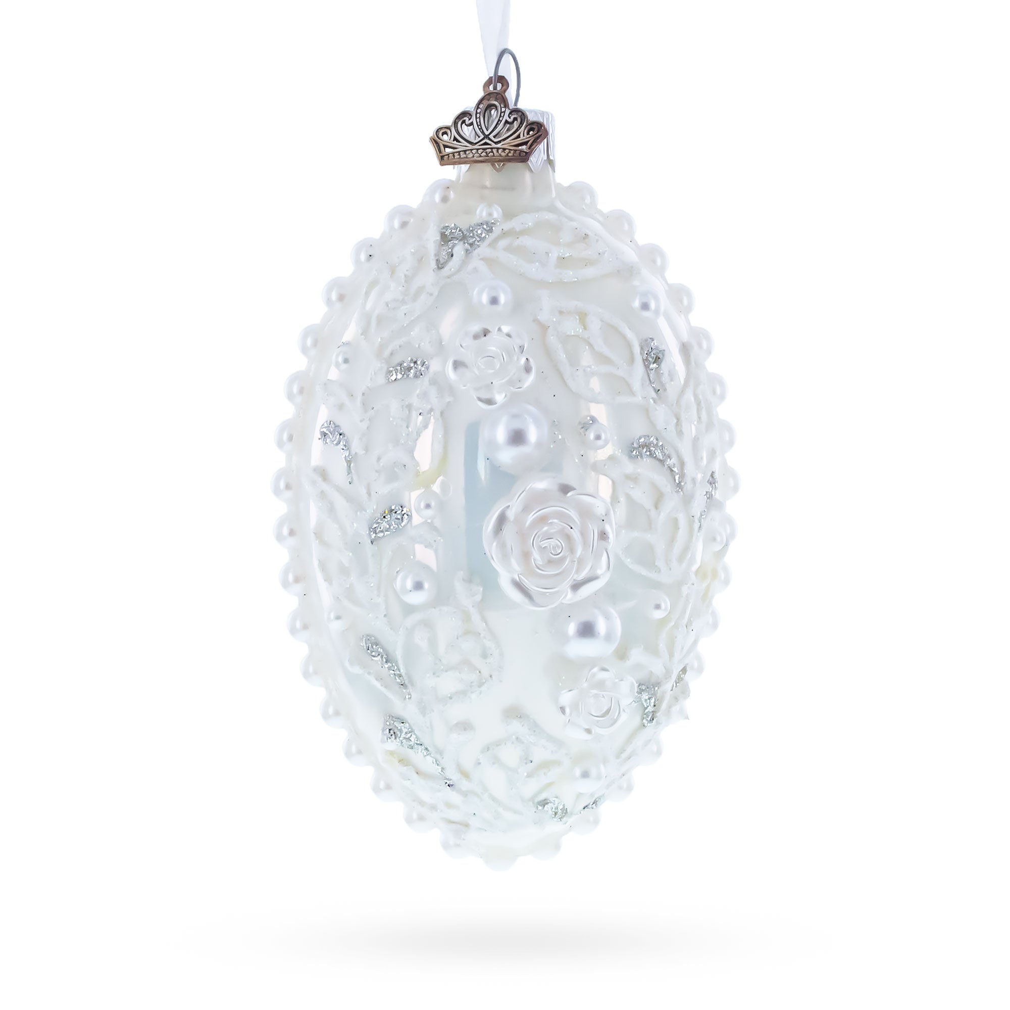 3D Pearl Roses Glass Egg Ornament 4 Inches in White color Oval
