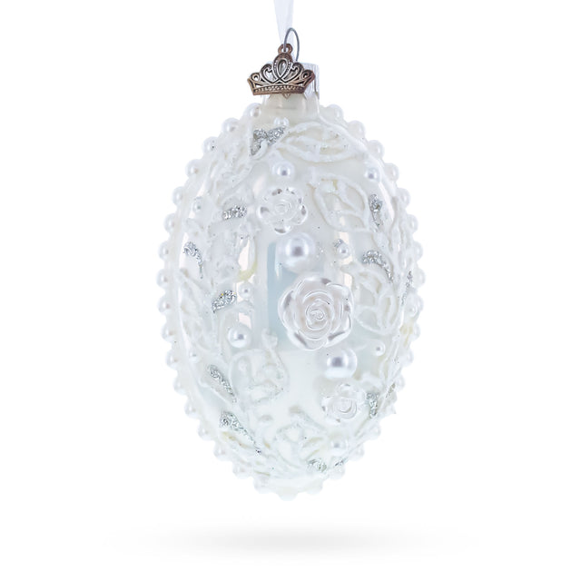 3D Pearl Roses Glass Egg Ornament 4 Inches in White color Oval