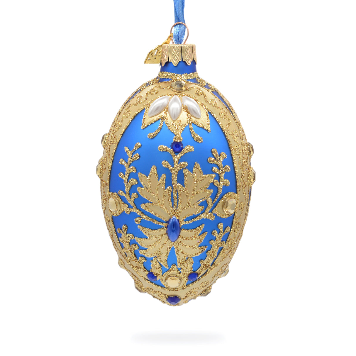 Golden Swirls on Blue Glass Egg Ornament 4 Inches in Blue color, Oval shape