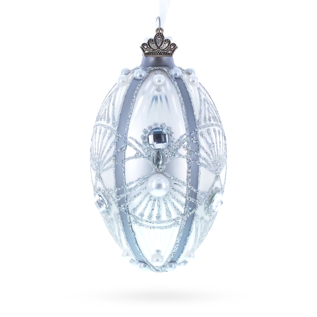 Diamonds on Silver Glass Egg Ornament 4 Inches in Silver color Oval
