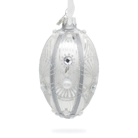 Glass Diamonds on Silver Glass Egg Ornament 4 Inches in Silver color Oval