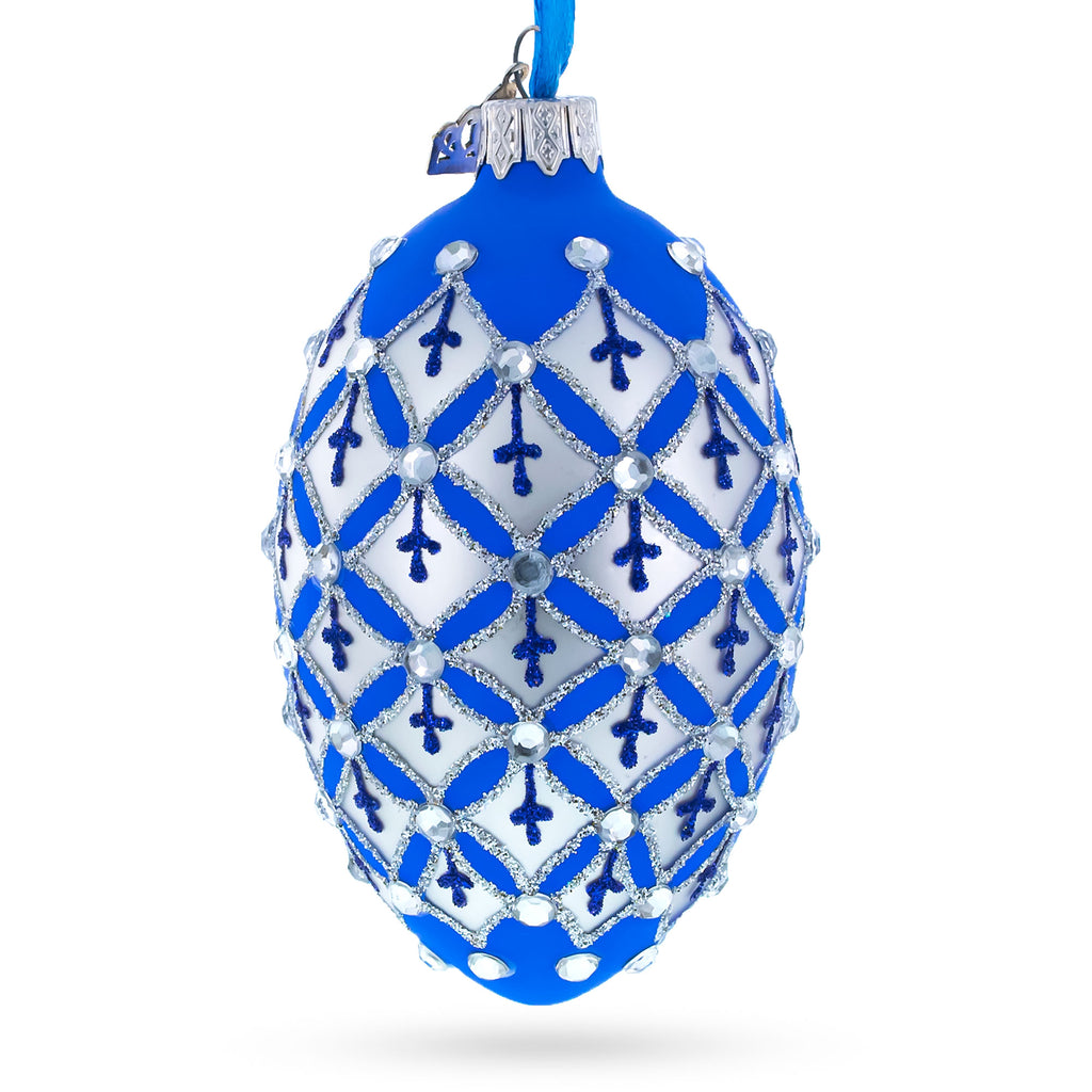 Glass Silver Diamonds on Blue Glass Egg Ornament 4 Inches in Blue color Oval