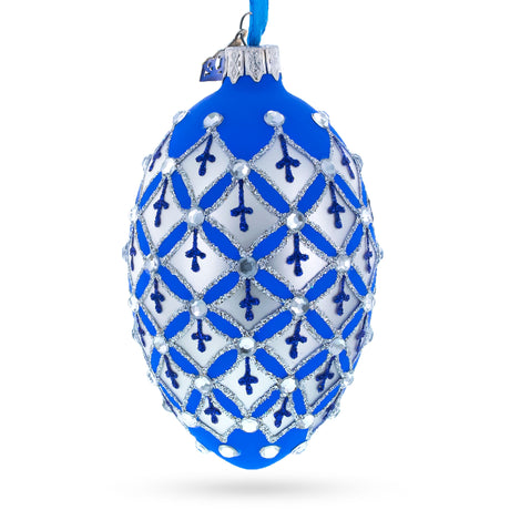 Silver Diamonds on Blue Glass Egg Ornament 4 Inches in Blue color, Oval shape