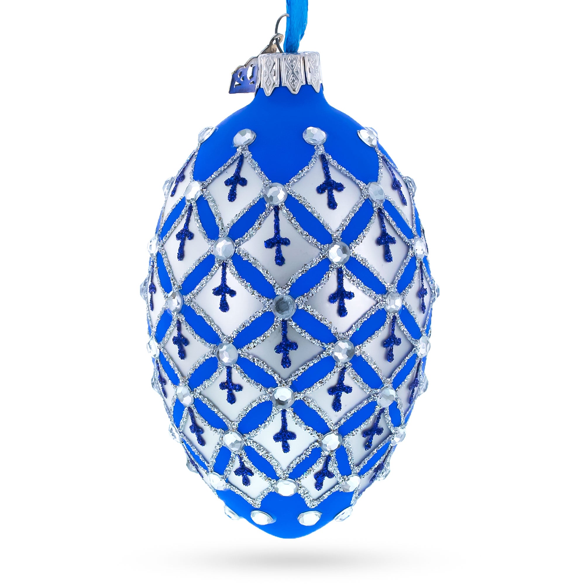 Silver Diamonds on Blue Glass Egg Ornament 4 Inches in Blue color Oval