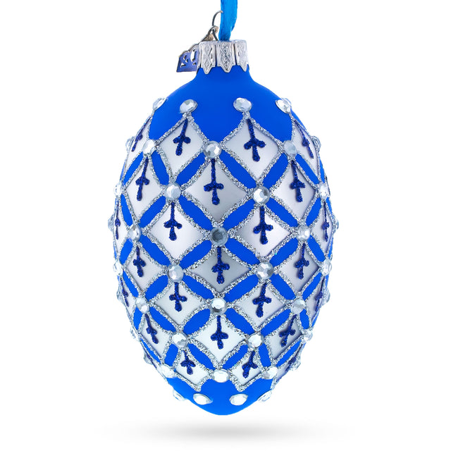 Silver Diamonds on Blue Glass Egg Ornament 4 Inches in Blue color Oval
