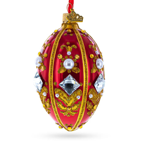 Diamonds and Pearls on Red Glass Egg Ornament 4 Inches in Red color, Oval shape