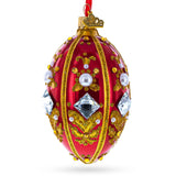 Glass Diamonds and Pearls on Red Glass Egg Ornament 4 Inches in Red color Oval