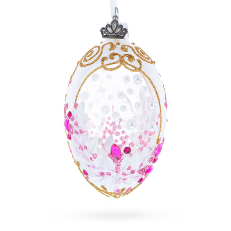 Pink Pearls on Clear Glass Egg Ornament 4 Inches in Clear color Oval