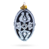Silver and Crystal Floral Pattern on Black Glass Egg Ornament 4 Inches in Black color Oval