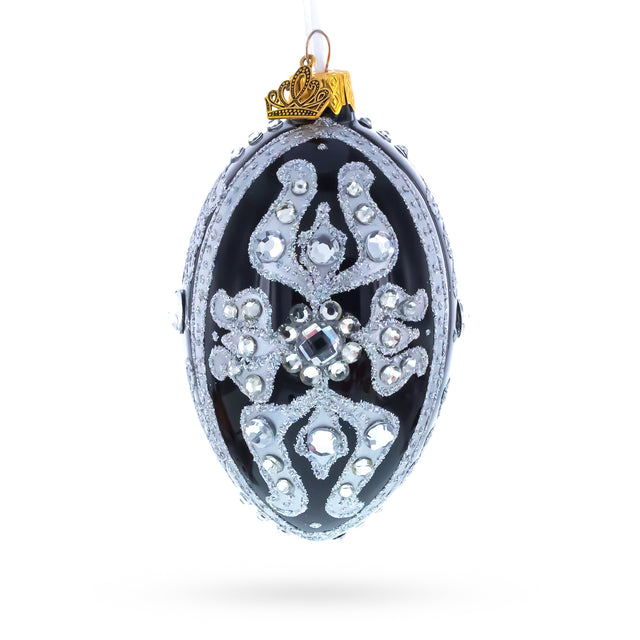 Silver and Crystal Floral Pattern on Black Glass Egg Ornament 4 Inches in Black color Oval