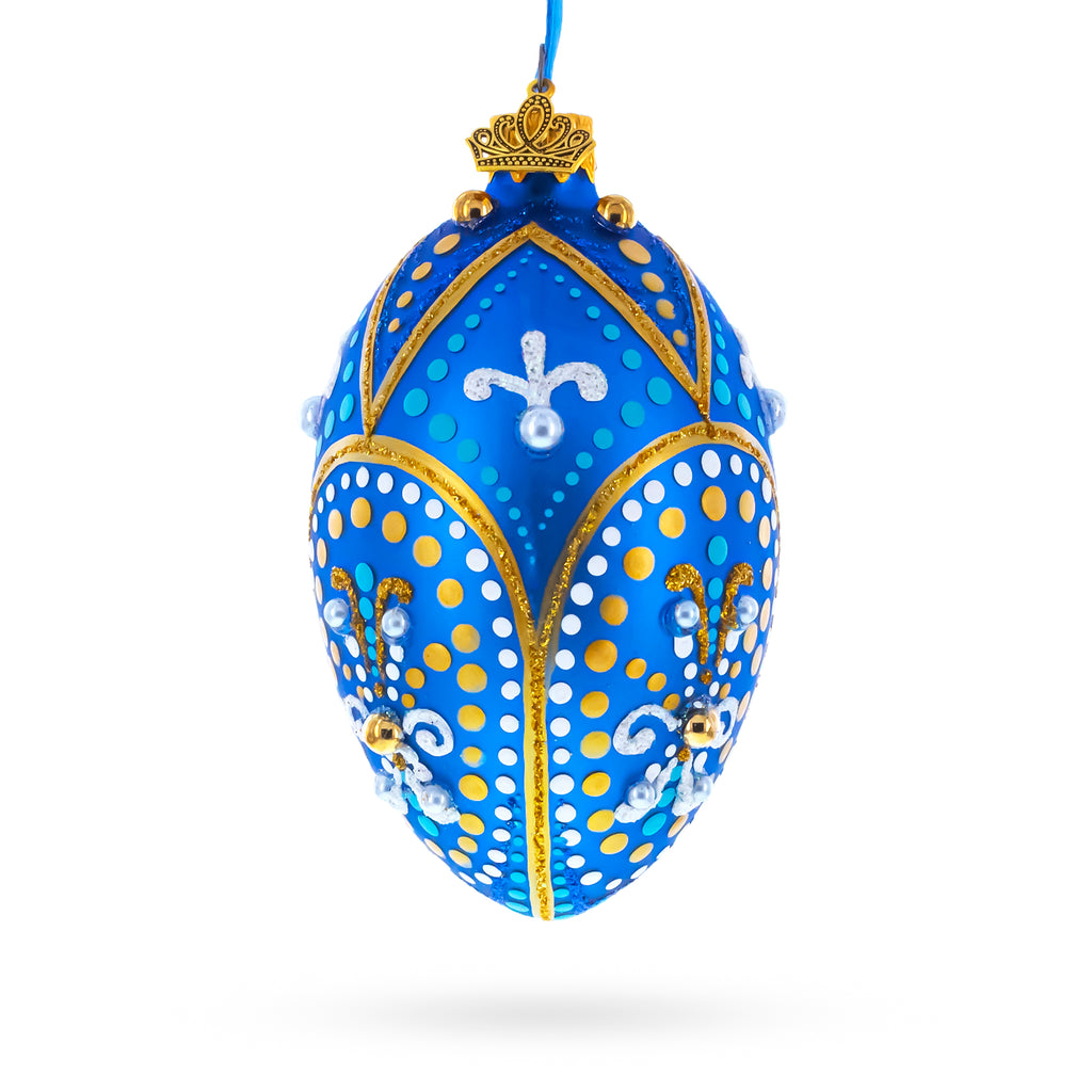 Royal Blue and Gold Festive Design Glass Egg Ornament 4 Inches in Blue color Oval