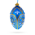 Royal Blue and Gold Festive Design Glass Egg Ornament 4 Inches in Blue color Oval