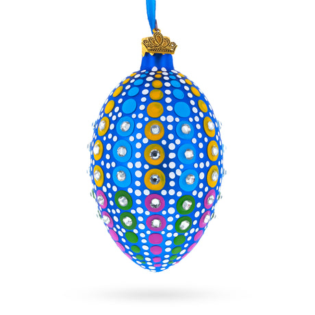 Vibrant Polka Dot Jewel-Toned Glass Egg Ornament  4 Inches in Blue color Oval
