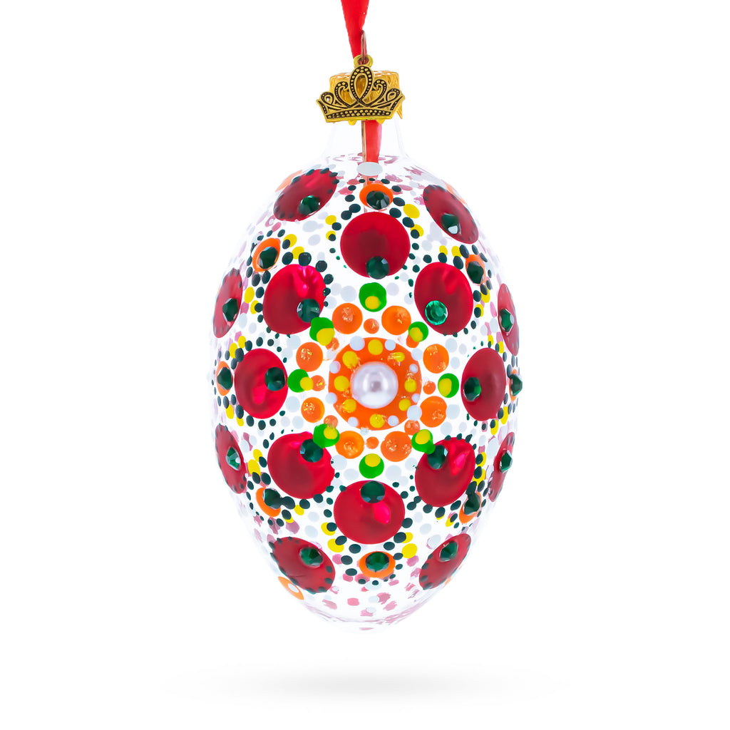 Red Poppy Floral Glass Egg Ornament 4 Inches in Red color Oval