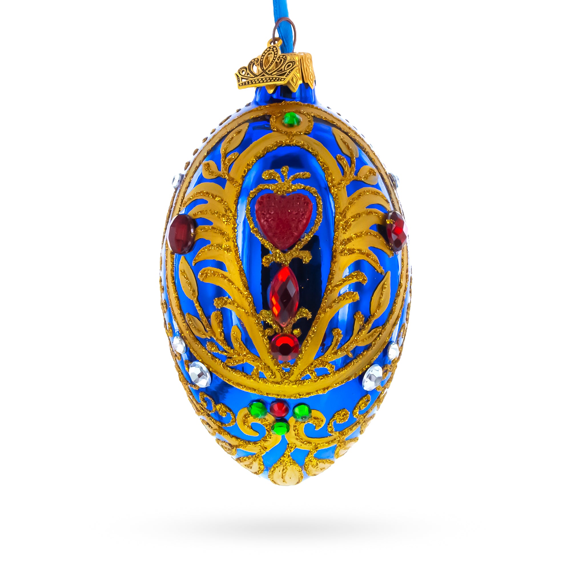 Royal Blue Regal Heart and Gemstones Embellished Glass Egg Ornament 4 Inches in Blue color Oval