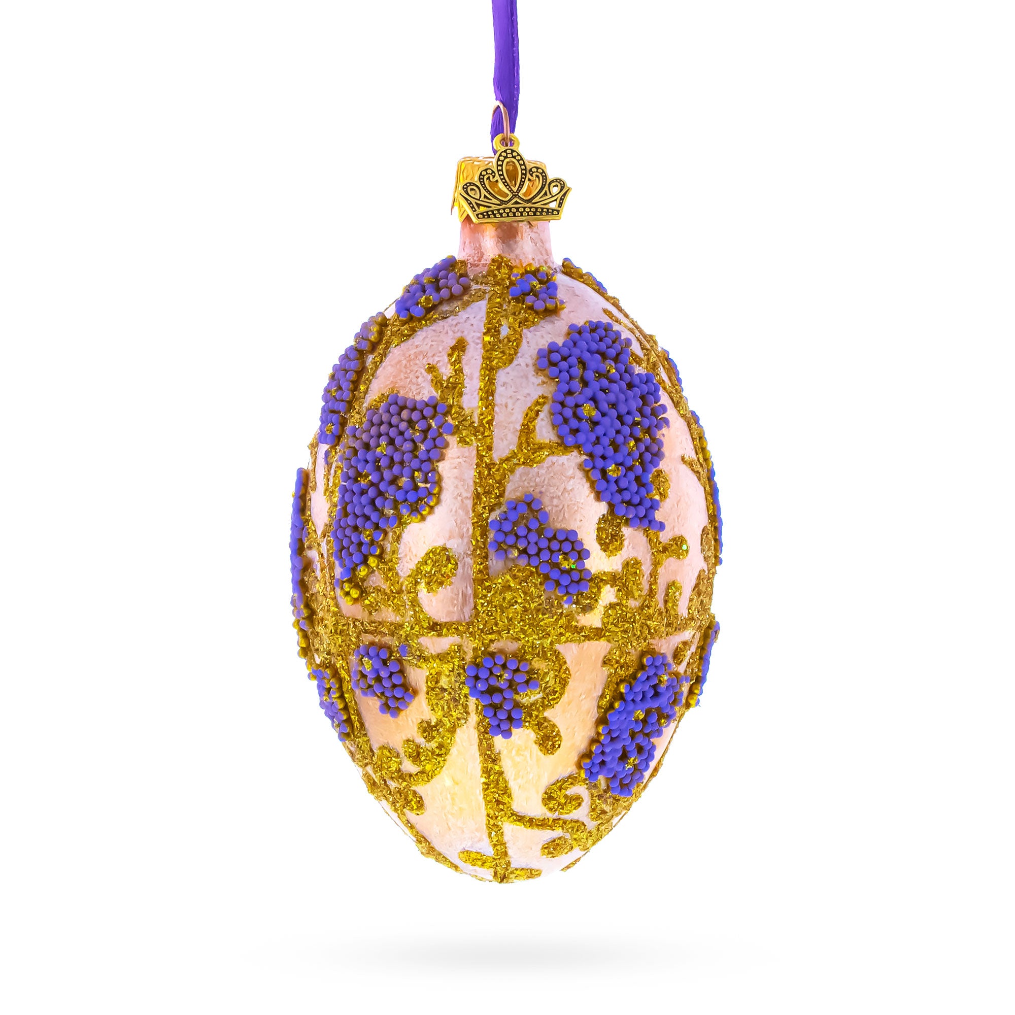 Golden Amber with Lavender Blossoms Beaded Glass Egg Ornament 4 Inches in Gold color Oval