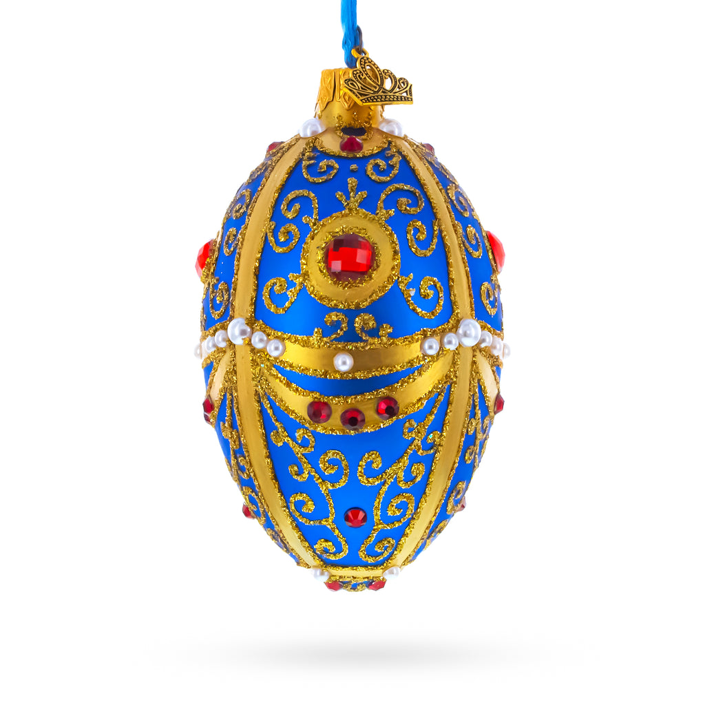 Royal Blue and Gold Ornate Jeweled Glass Egg Ornament 4 Inches in Blue color Oval