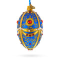 Royal Blue and Gold Ornate Jeweled Glass Egg Ornament 4 Inches in Blue color Oval