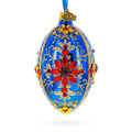 Sapphire with Red Floral Gemstone Embellishments Glass Egg Ornament 4 Inches in Blue color Oval
