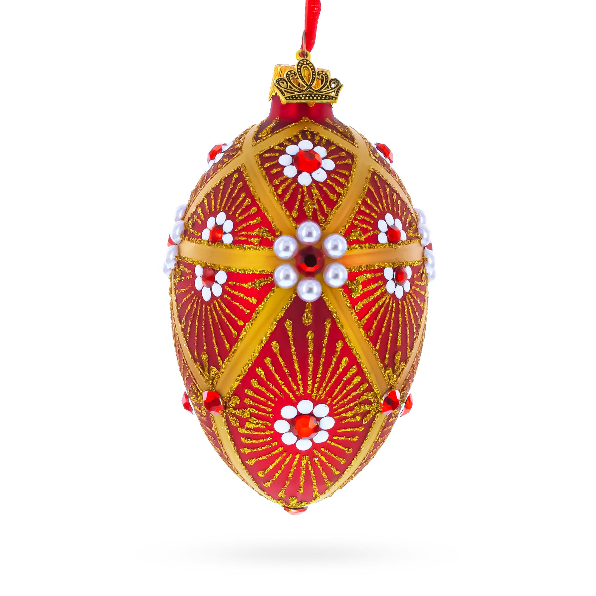 Red and Gold Floral Bejeweled Glass Egg Ornament 4 Inches in Red color Oval