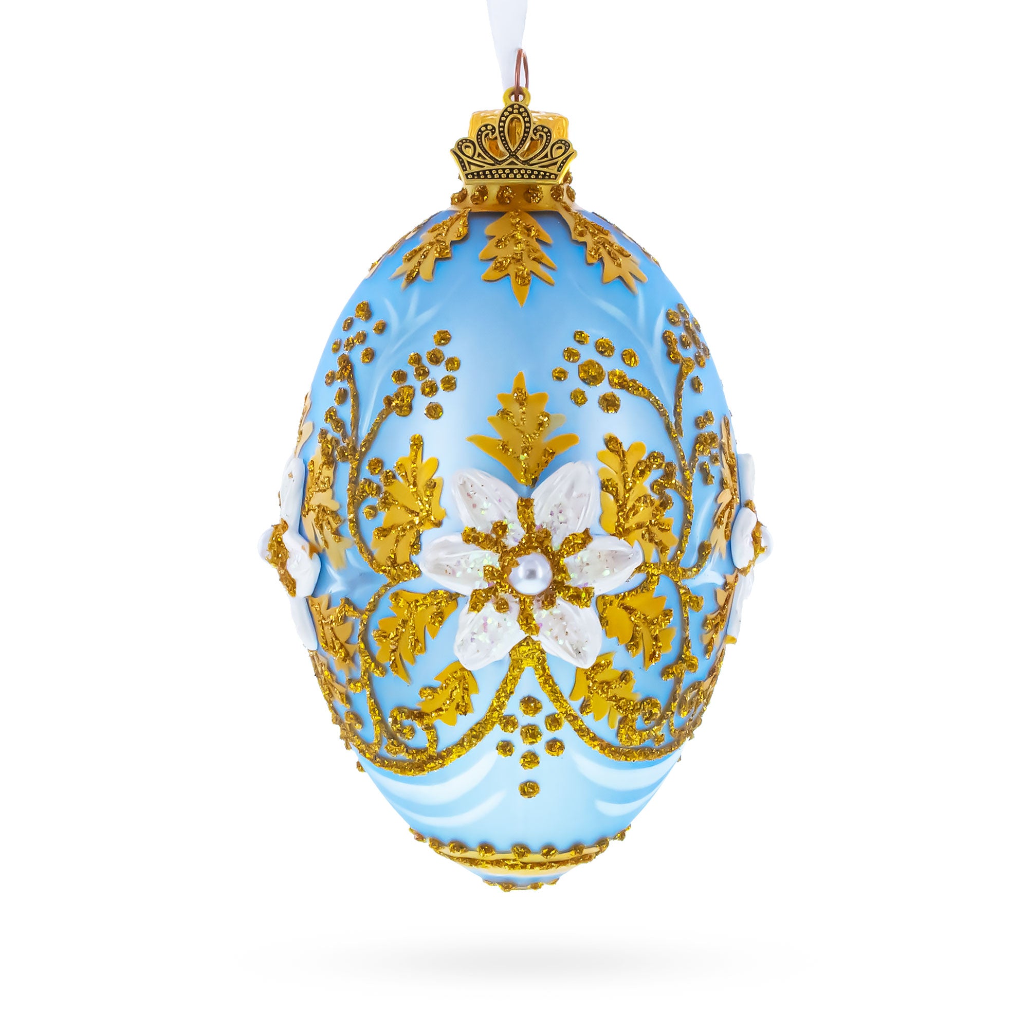 Blue and Gold Embossed Floral Glass Egg Ornament 4 Inches in Blue color Oval