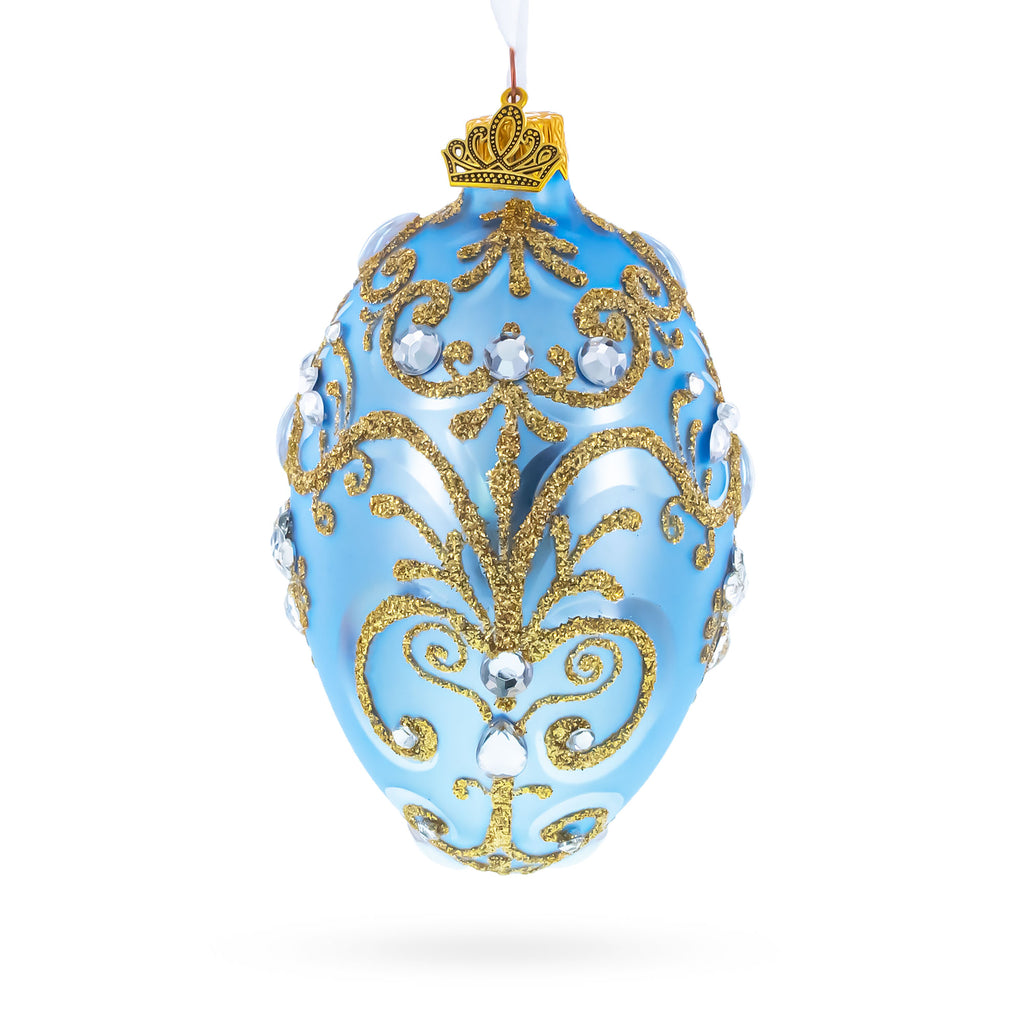 Elegant Blue and Gold Jeweled Glass Egg Ornament 4 Inches in Blue color Oval