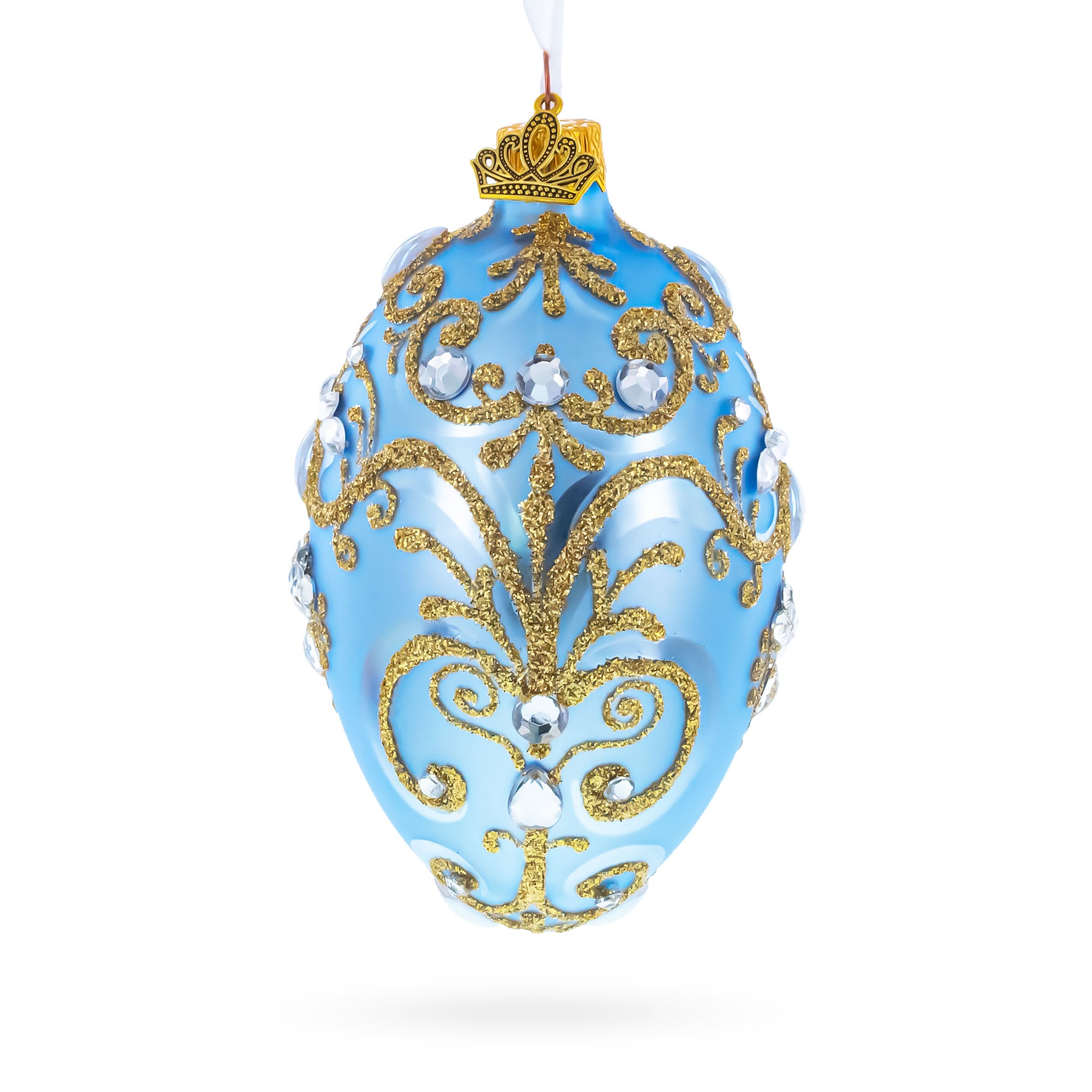 Elegant Blue and Gold Jeweled Glass Egg Ornament 4 Inches in Blue color Oval