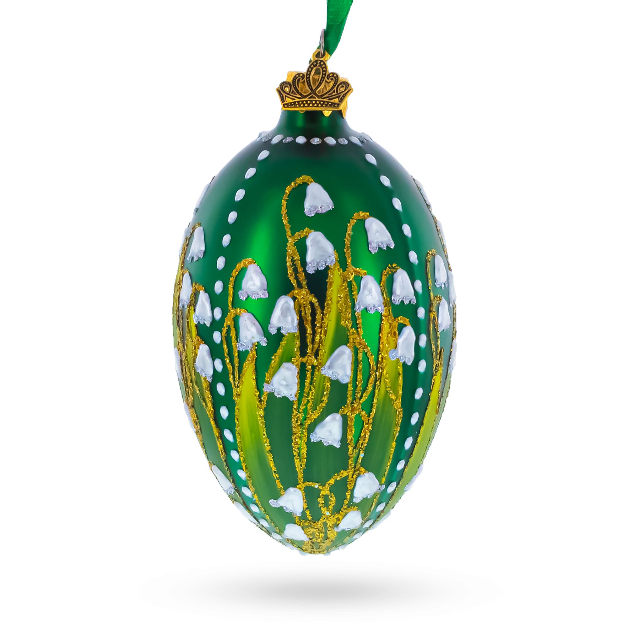 Lily of the Valley on Emerald Egg Glass Ornament 4 Inches in Green color Oval