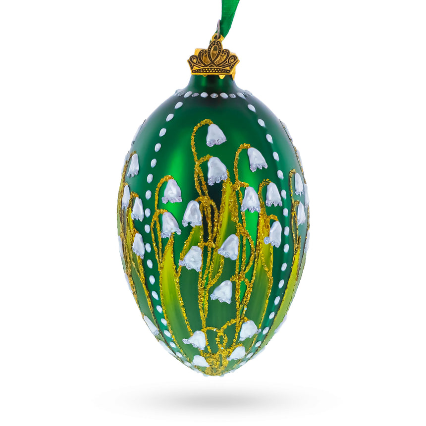 Lily of the Valley on Emerald Egg Glass Ornament in Green color Oval