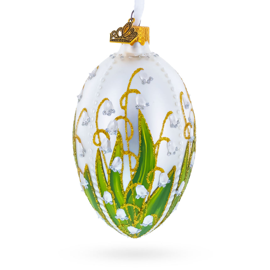 Lily of the Valley on Silver Egg Glass Ornament in Silver color Oval