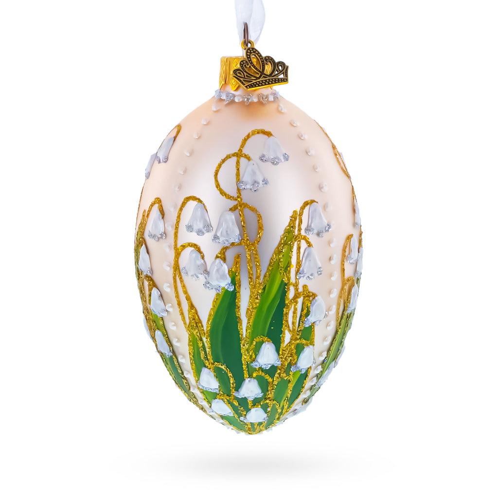 Lily of the Valley on Ivory Egg Glass Ornament 4 Inches in Ivory color Oval