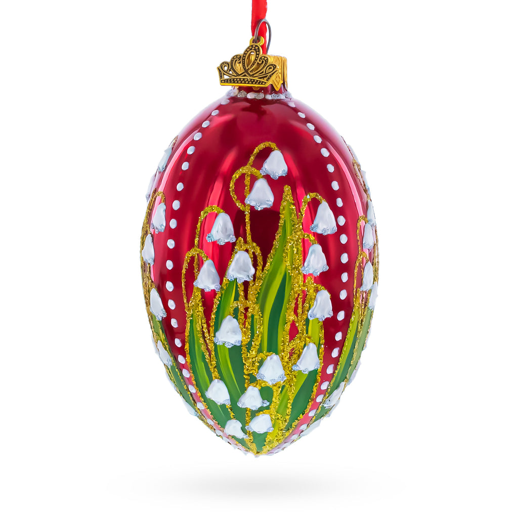 Lily of the Valley on Glossy Red Egg Glass Ornament 4 Inches in Red color Oval