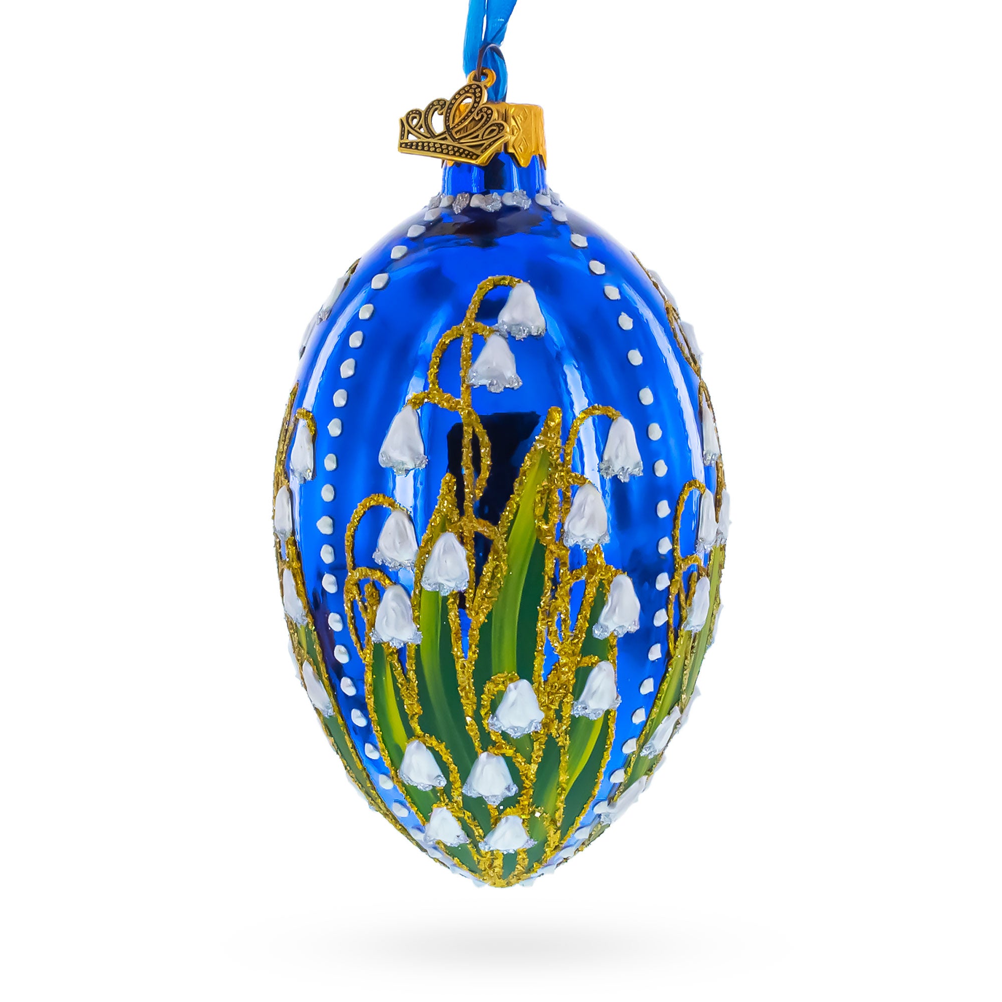 Lily of the Valley on Glossy Blue Egg Glass Ornament 4 Inches in Blue color Oval