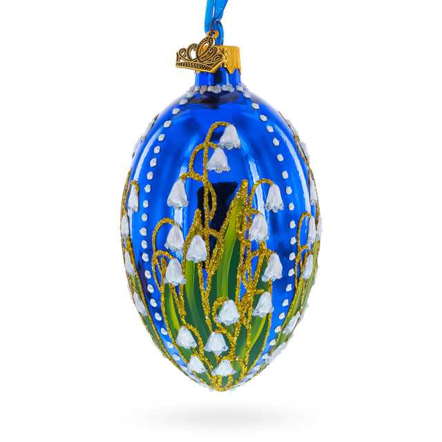 Lily of the Valley on Glossy Blue Egg Glass Ornament in Blue color Oval