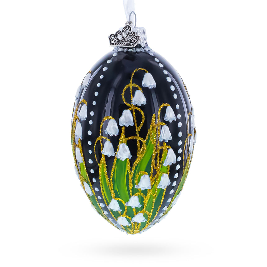 Lily of the Valley on Glossy Black Egg Glass Ornament in Black color Oval